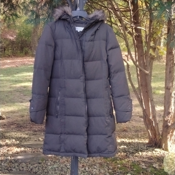 Women's Calvin Klein Duck Down Faux Fur Hooded Puffer Long Jacket Size medium - Picture 1 of 11